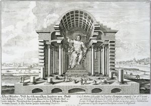 Olympolaisen Zeuksen patsas, jonka Phidias teki kullasta ja norsunluusta, piirretty Pausaniaksen (143-176 jKr) tarkan kuvauksen mukaan, 